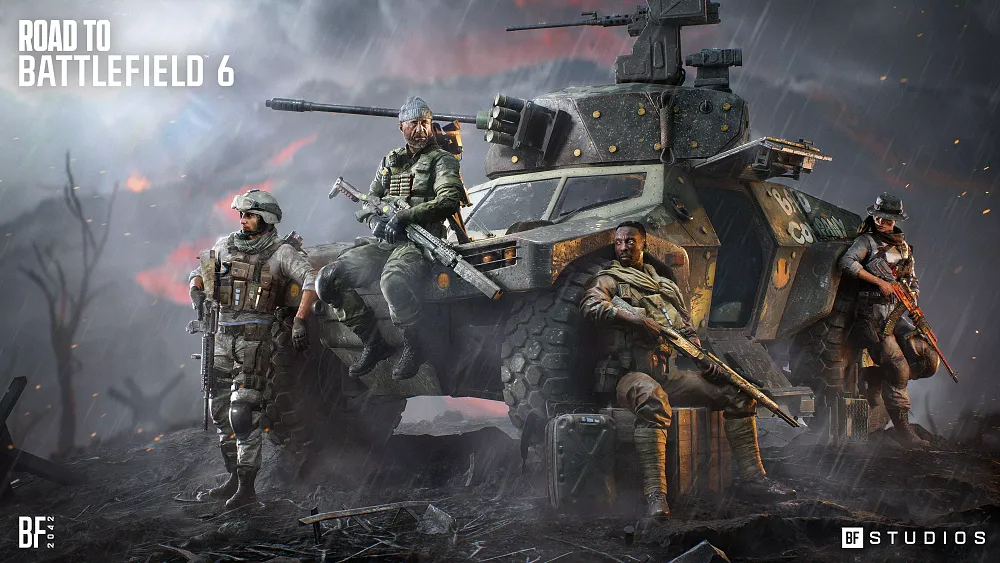 Art showing four soldiers sitting around and on an armored transport vehicle. Text in the top left corner says Road to Battlefield 6.