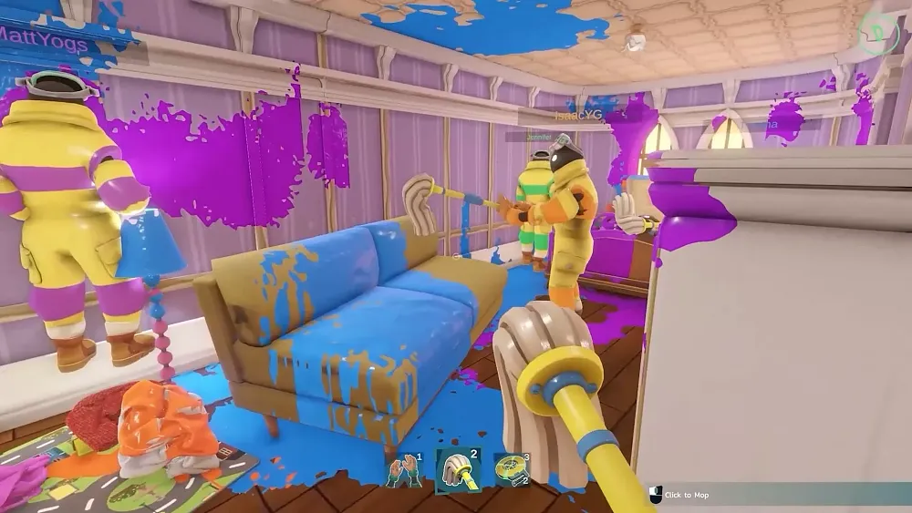 A room full of colorful monster goo that a few cleaners in hazmat style suits are cleaning up with mops.