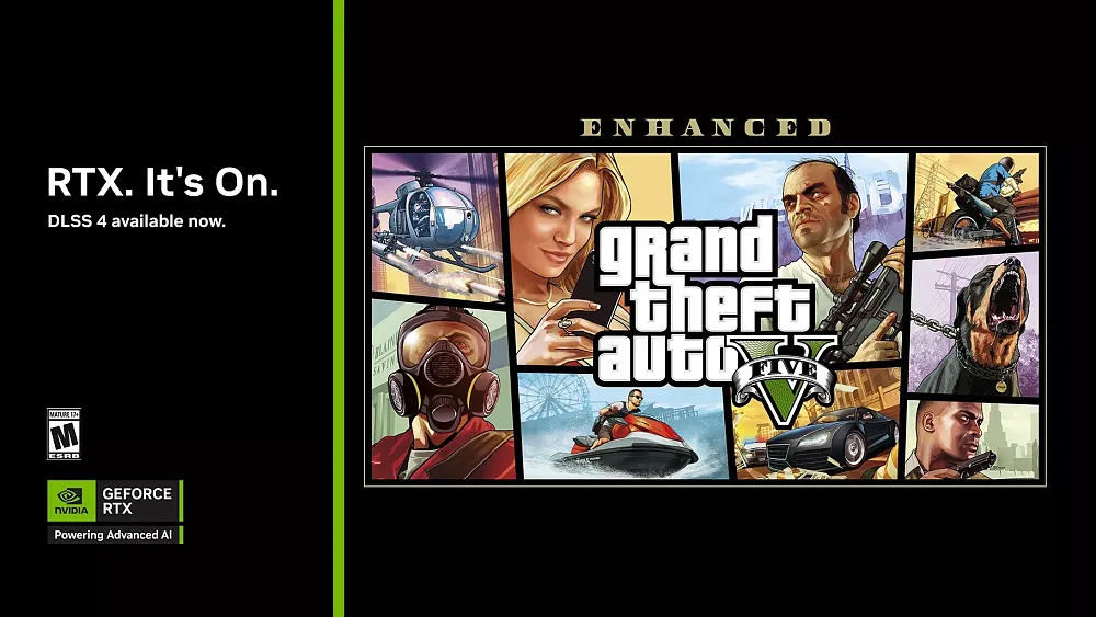 Image saying that DLSS 4 is now available for Grand Theft Auto 5 Enhanced Edition on PC.