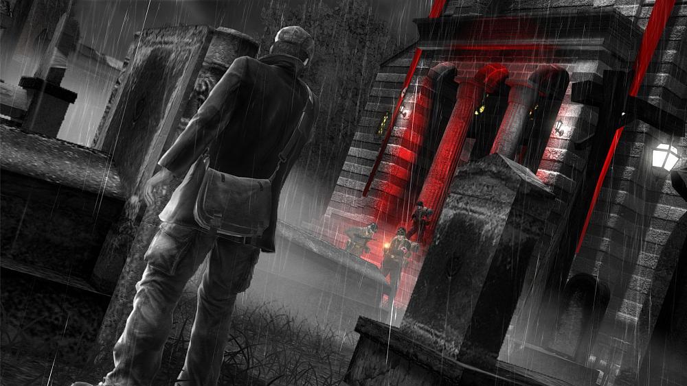 Stylized screenshot from the Saboteur showing a person being attacked by WWII German soldiers.