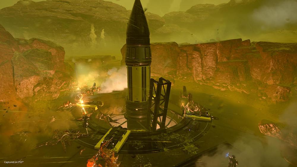 A big rocket taking off as bad alien bugs surround it.
