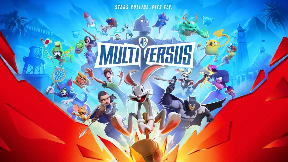 Key art for MultiVersus showing the title and a bunch of Warner Bros. owned characters. rushing towards the camera.