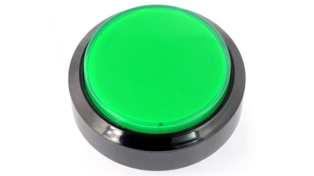 A green plastic button set in a black plastic ring all on a white background.