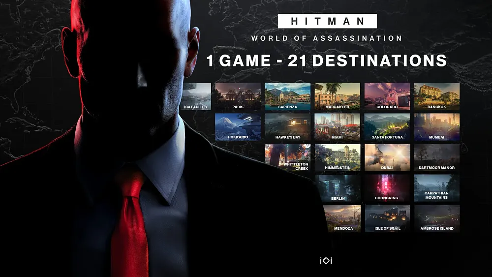 Bald man cloaked in shadow wearing a suit and red tie stands to the left side. On the right are the words "Hitman World of Assassination - 1 game - 21 destinations" and smaller thumbnails of each map shown below.