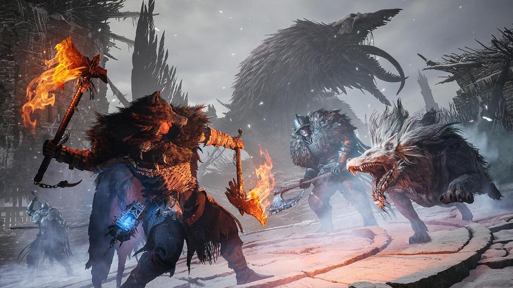 A person with two fire axes attacking a wolf-like creature and other large enemies in a snowy area.