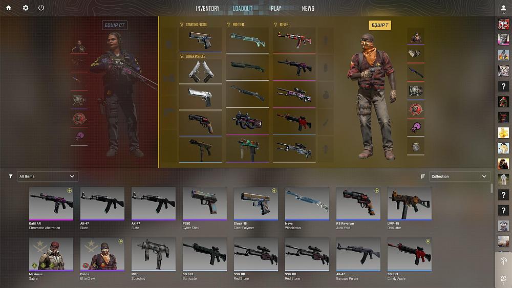 An item menu showing several different weapons and a variety of weapon skins for Counter-Strike 2.