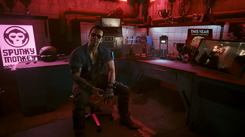 A character Viktor Vektor from Cyberpunk 2077.