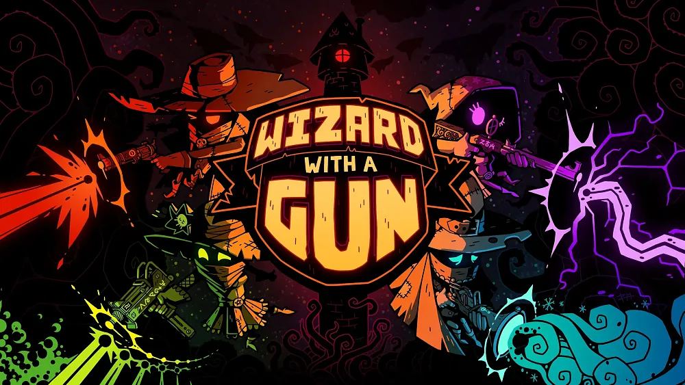 Key art for Wizard with a Gun including the title and colorful spell guns and spell effects.
