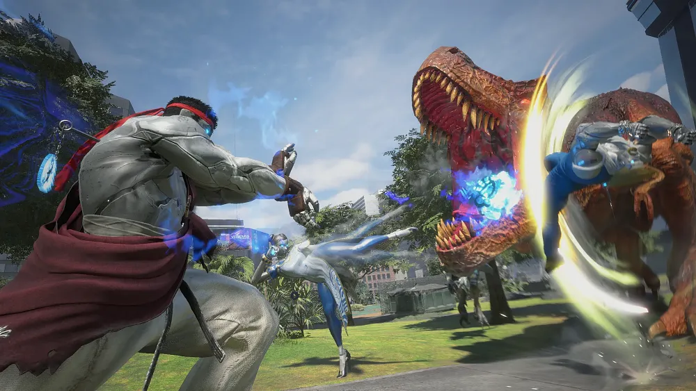 Street Fighter 6 characters attacking a dinosaur in Exoprimal.