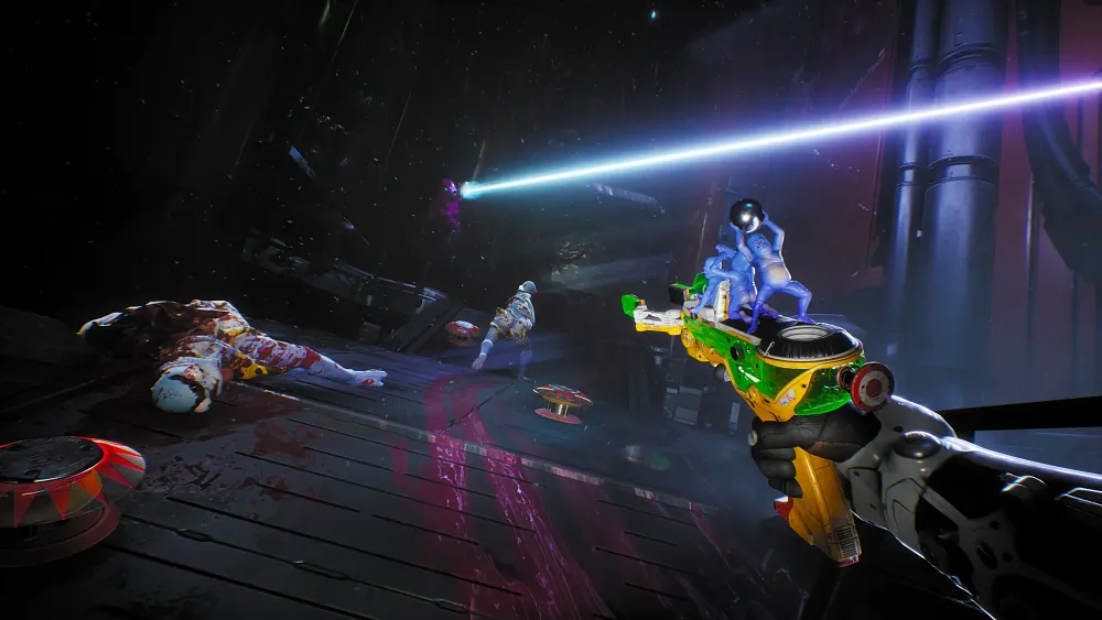 A pinball gun operated by little characters aiming down a spooky dark hallway.