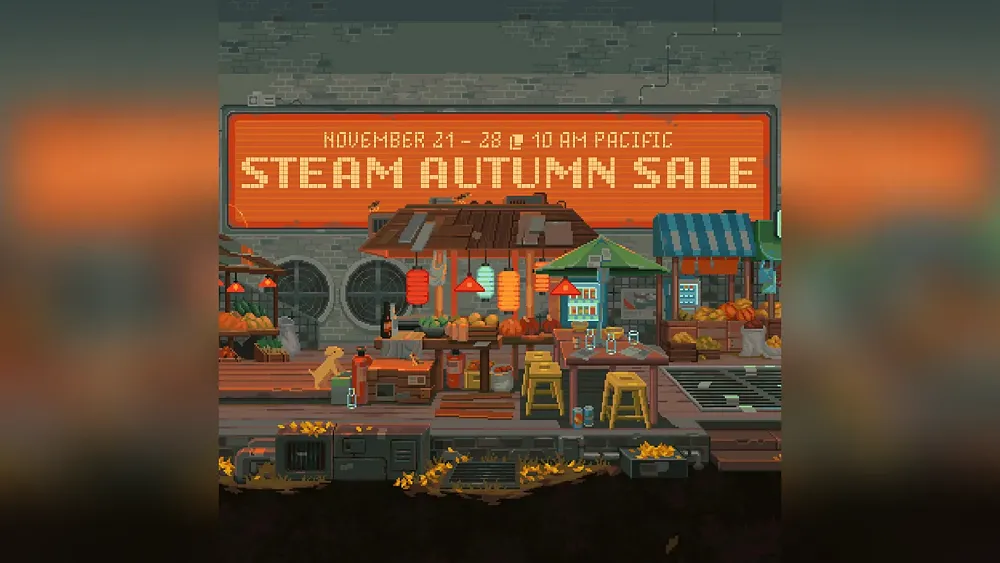 Artwork showing a cozy fall scene promoting the Steam Autumn Sale for 2023.