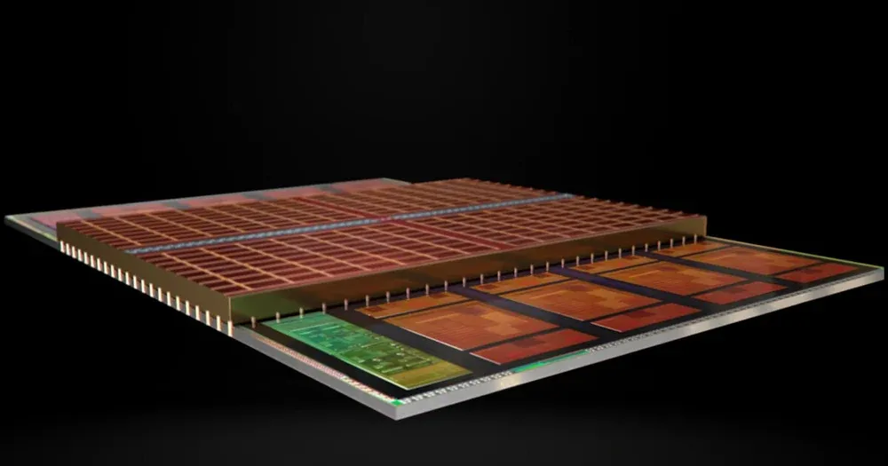 Render showing stacked (3D) V-Cache on an AMD CPU.