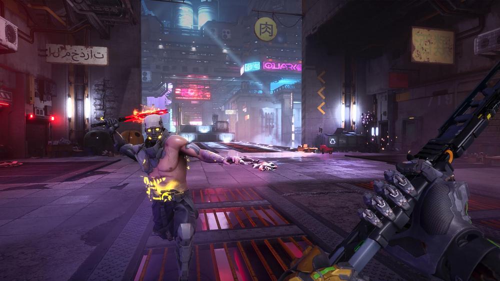 Screenshot from Ghostrunner 2 showing the player holding a katana while an enemy is coming at them with a fiery bladed weapon.