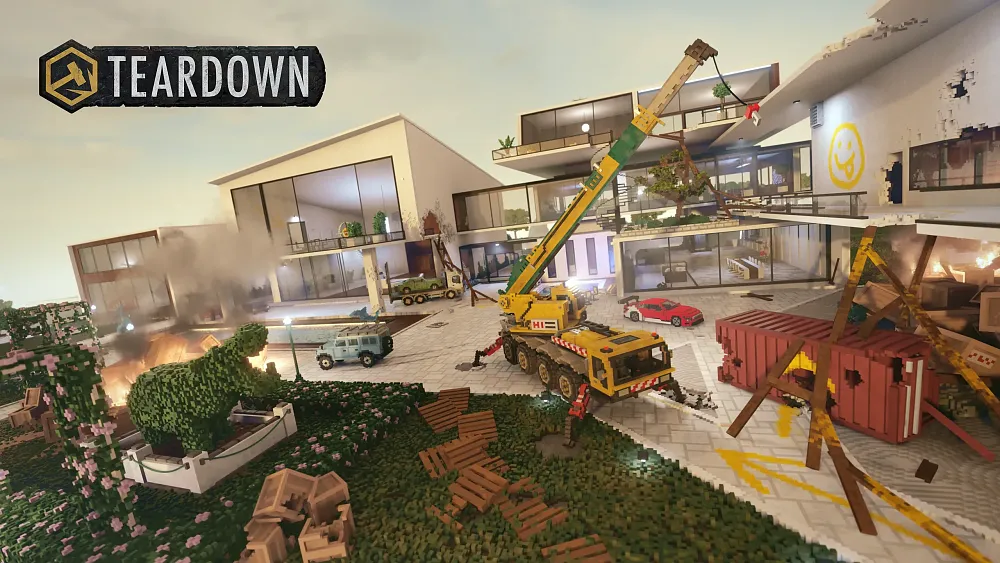 Image from a voxel-based game where everything from buildings to cars to items are made of voxels.