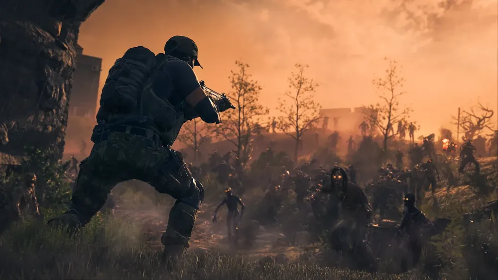 A soldier facing off against a big horde of zombies.