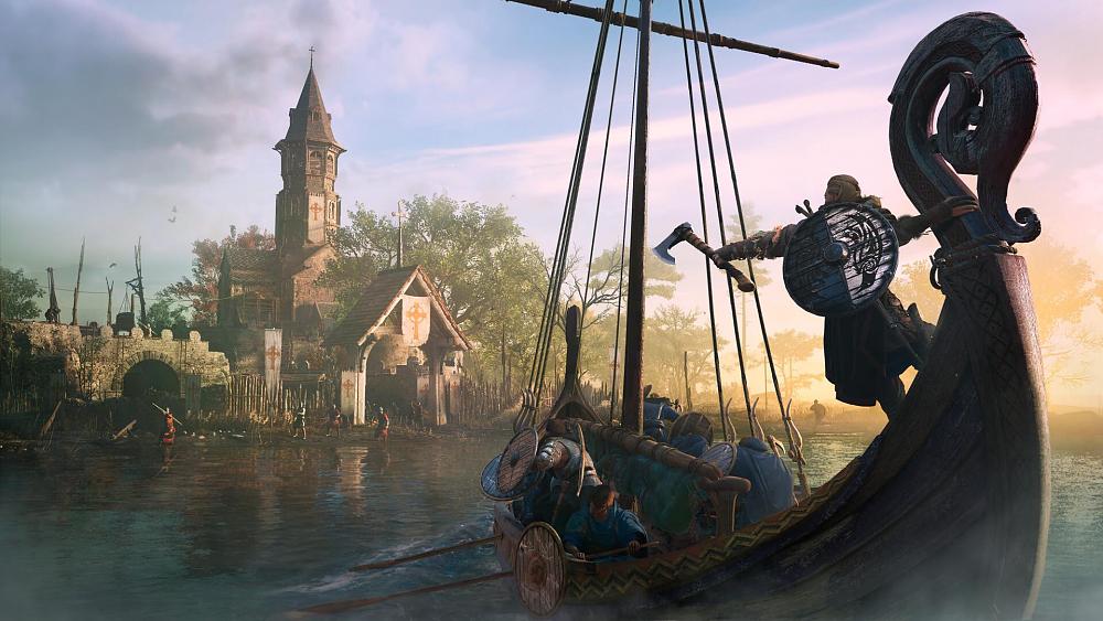 Viking on a ship on water preparing to attack an enemy stronghold on the shore.