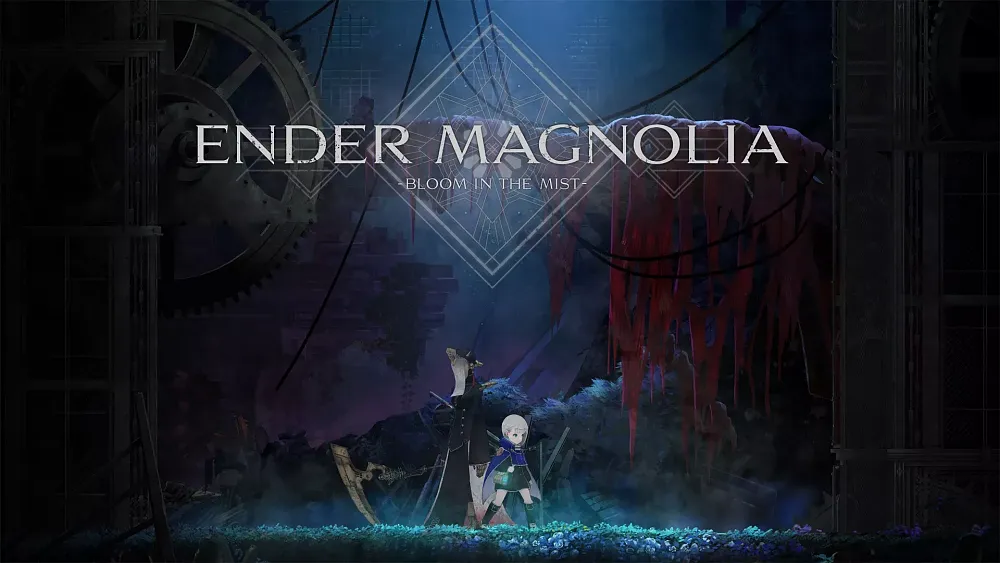 A young woman and a mysterious, taller figure with a scythe, standing back to back in some sort of a dungeon. Text at the top says Ender Magnolia: Bloom in the Mist.