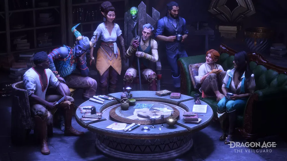 A group of fantasy warriors casually sitting around a circular table. There is a mix of humans, elves, a dragon-like warrior, and more all depicted.