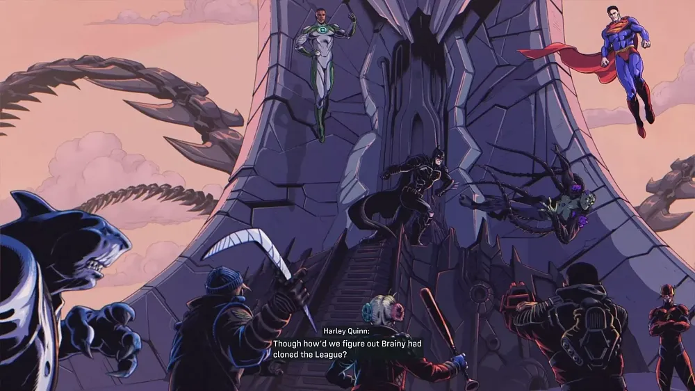 Members of the Suicide Squad and Justice League depicted indicating that the Justice League was cloned and the real Justice League is ok and not evil.