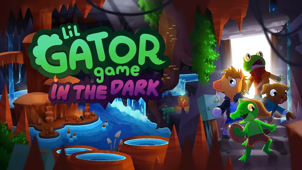 Artwork showing Lil Gator, a cute little gator character from a video game. He and some animal friends are entertain a cave. Text reads: Lil Gator Game: In the Dark.
