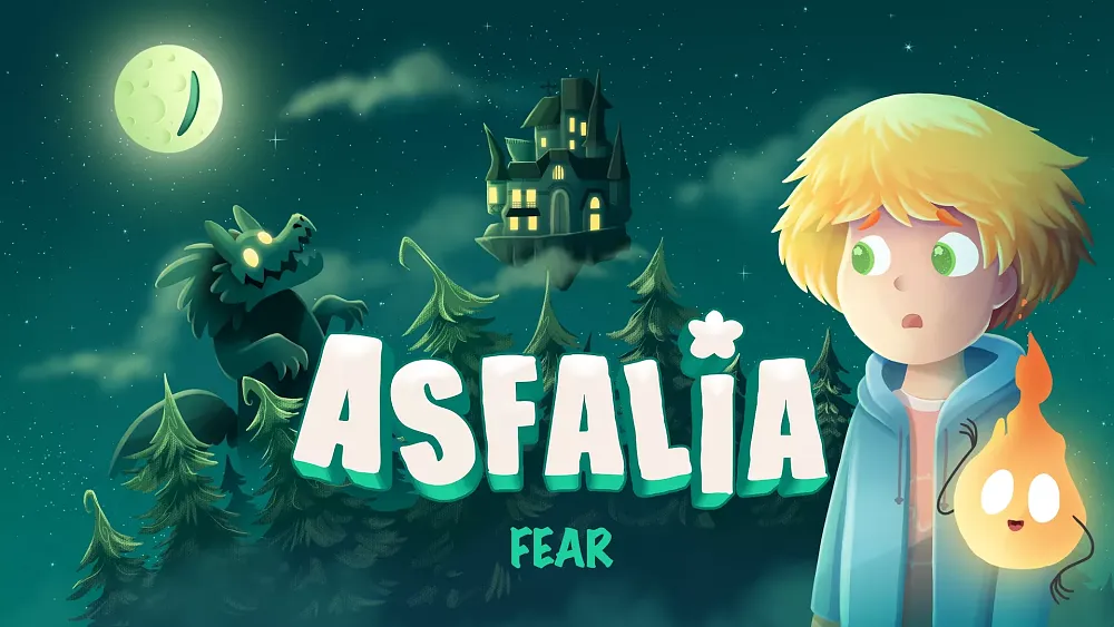 Key art showing a young boy and smiling flame looking towards a dragon on a castle in the background. Text is the title: Asfalia: Fear.