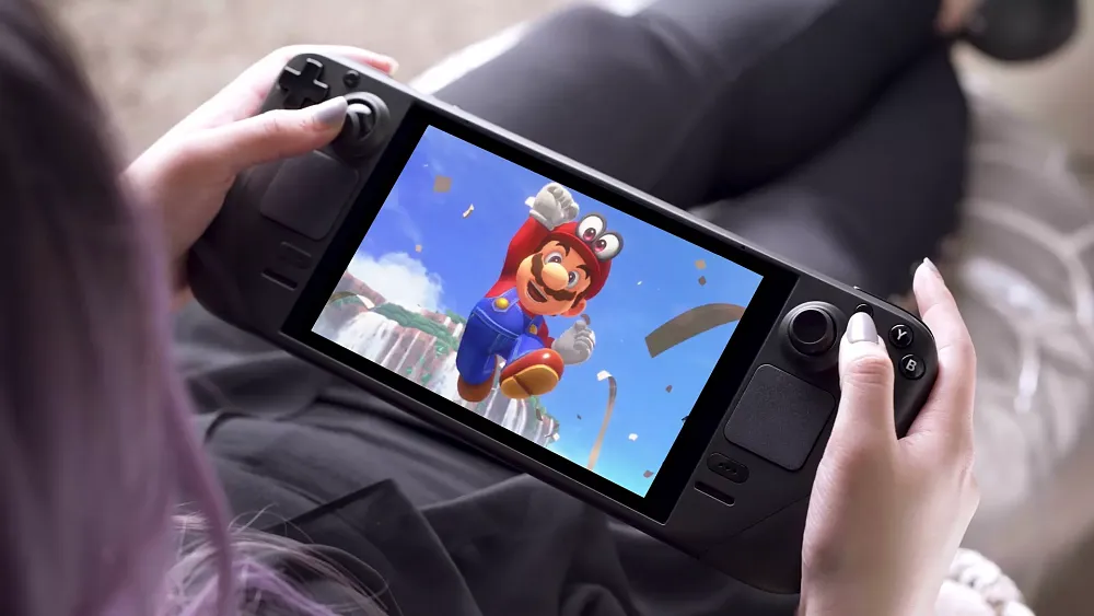 A mockup of a Mario game running on the handheld PC device, Steam Deck.