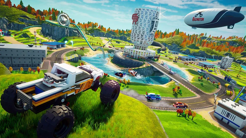 Screenshot from a LEGO open world racing game where everything is made of LEGO.