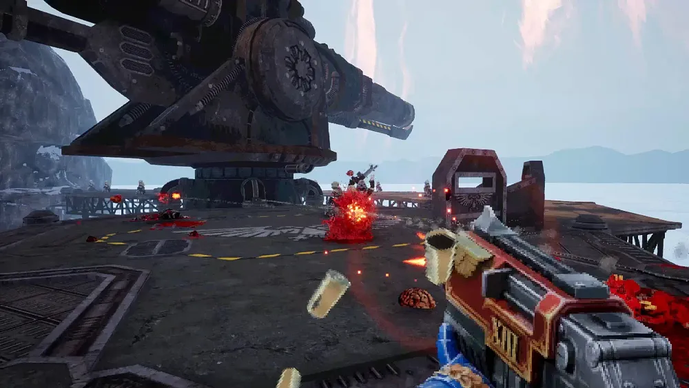 Screenshot from a boomer shooter set in the Warhammer 40K universe.