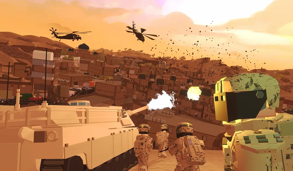 Key art from BattleBit Remastered showing a scene with a lot of soldiers about to to go war in a low-poly environment.