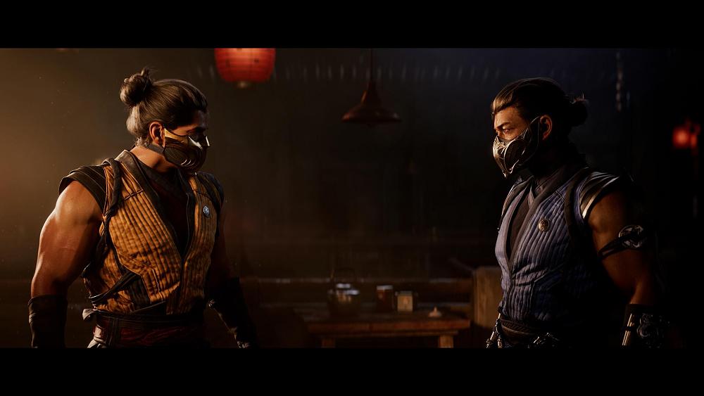 Scorpion and Sub-Zero from Mortal Kombat 1 staring each other down.