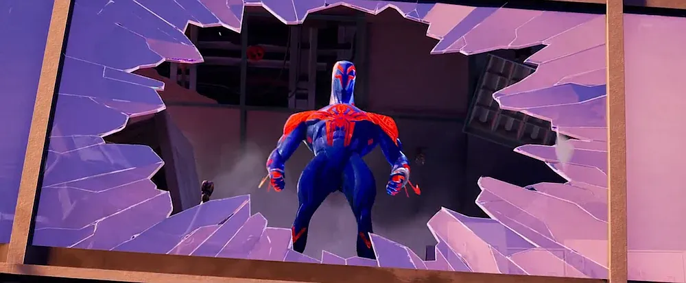 Promo still showing Spider-Man 2099 skin coming to Fortnite from Spider-Man: Across the Universe.