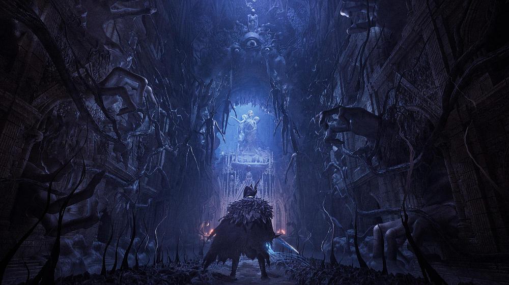 Screenshot from Lords of the Fallen showing a scene set in a dark, creepy tall hallway with several twisted and mangled hands and roots protruding out of the walls. A character with a sword and cloak stands in the middle facing the background.