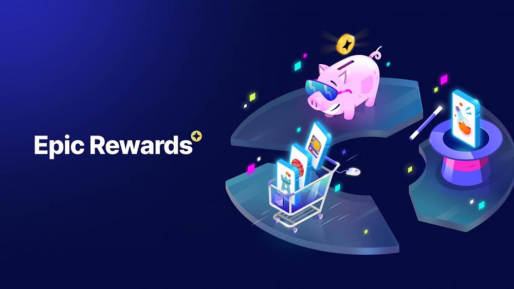 Text: Epic Rewards. Image shows various art depicting how you get cash on each purchase made on the Epic Games Store.