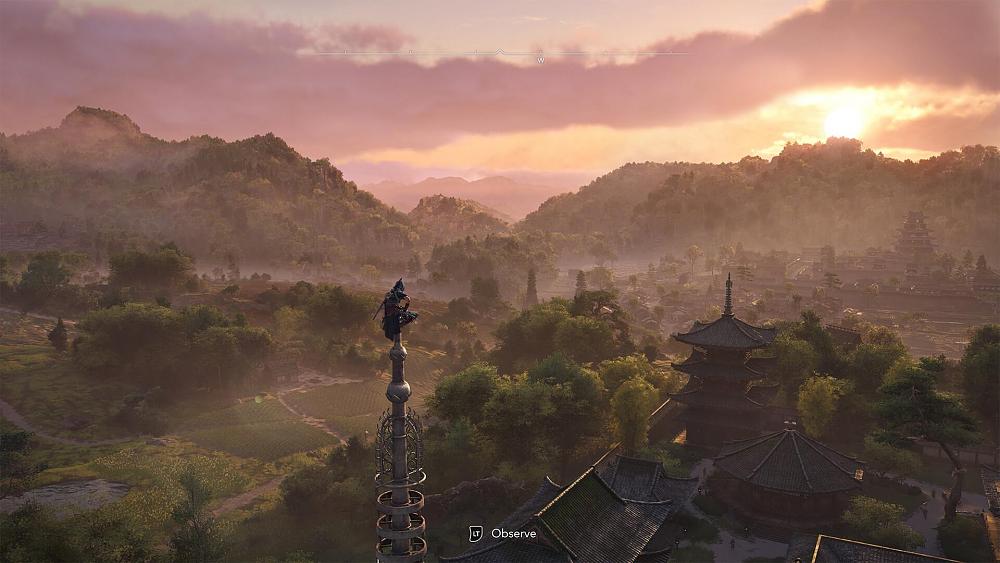 A ninja sitting atop a spire like structure on a building in 16th-century Japan. The ninja is looking out  over a city, forests, and distant tree covered hills as the sun sets in the background.