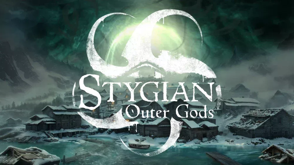 Stygian: Outer Gods in a stylized font over an image of a a snow covered village next to a frozen lake at night.