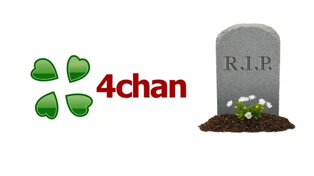 The 4chan logo next to a gravestone with "RIP" on it.