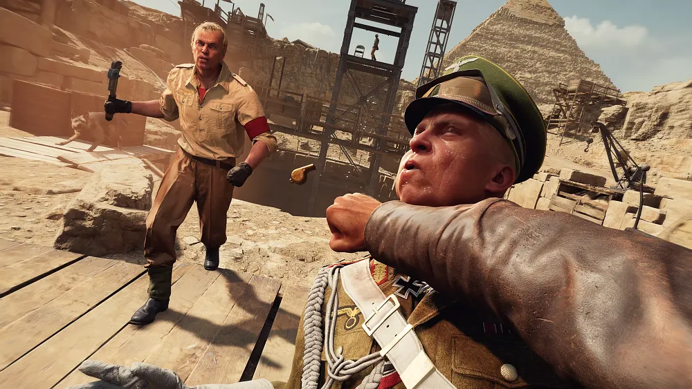 The player, as Indiana Jones, punching the fuck out of a Nazi officer.