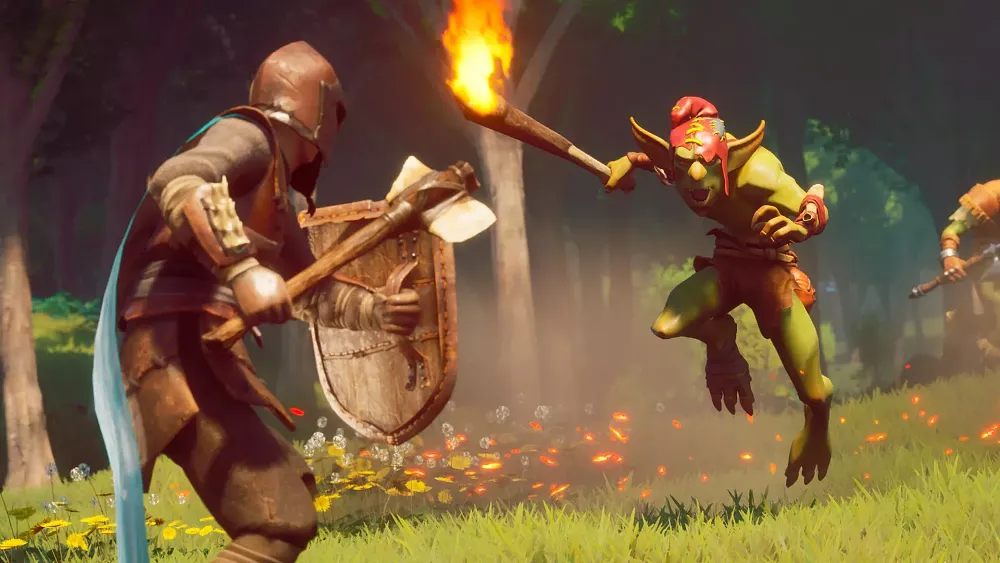 An adventurer doing battle with a goblin.