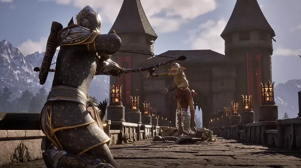 An alleged leaked screenshot from The Elder Scrolls IV: Oblivion remaster showing a kneeling archer in full plat armor shooting an arrow at a jumping goblin or demon enemy.