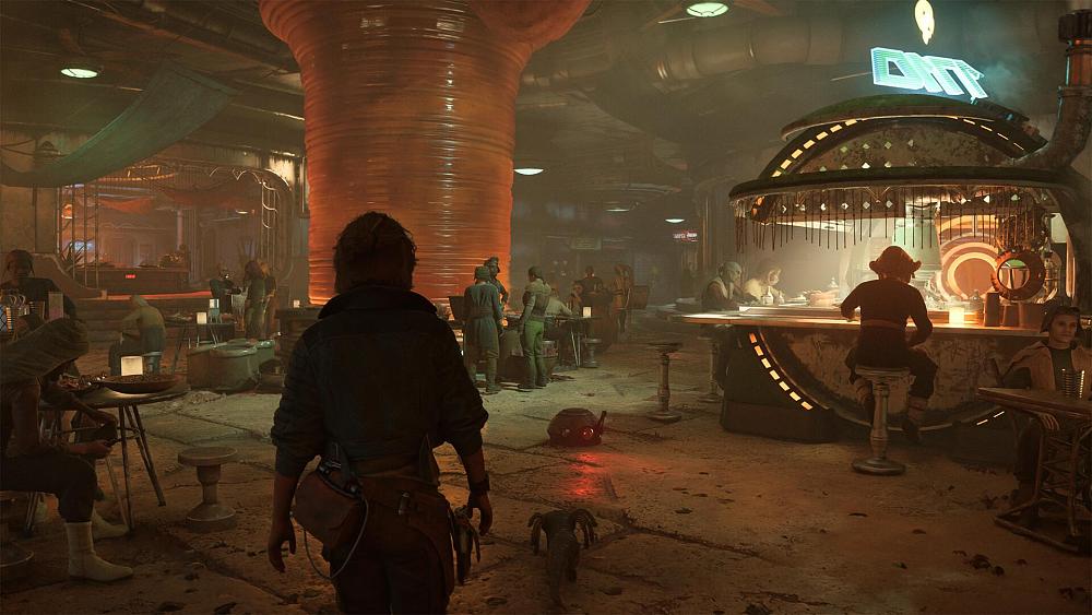 A screenshot from Star Wars Outlaws showing the main character and her pet walking through a cantina area. This is one of the games that received fixes in today's new Nvidia driver update.