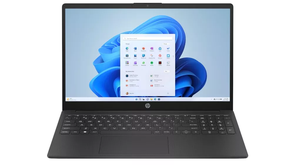 A photo of an open laptop facing the viewer.
