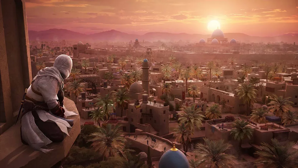 An assassin in white crouched on top a building overlooking an ancient city.