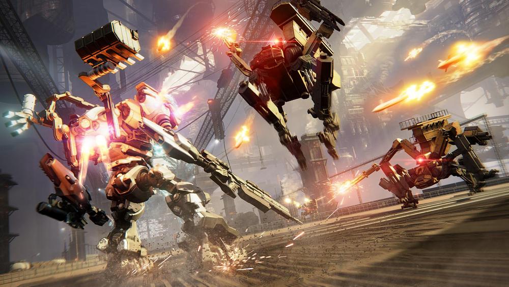 Three giant battle mechs squaring off against each other in an industrial setting.