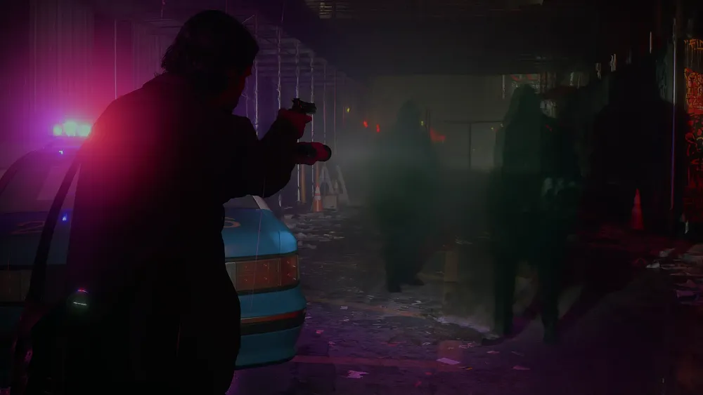 A person aiming a weapon and flashlight at shadow figures.