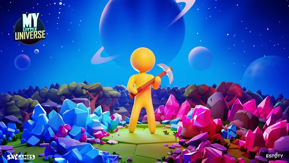 My Little Universe key art. Shows a featureless yellow human figure holding a pickaxe and surrounded by various colorful ores.