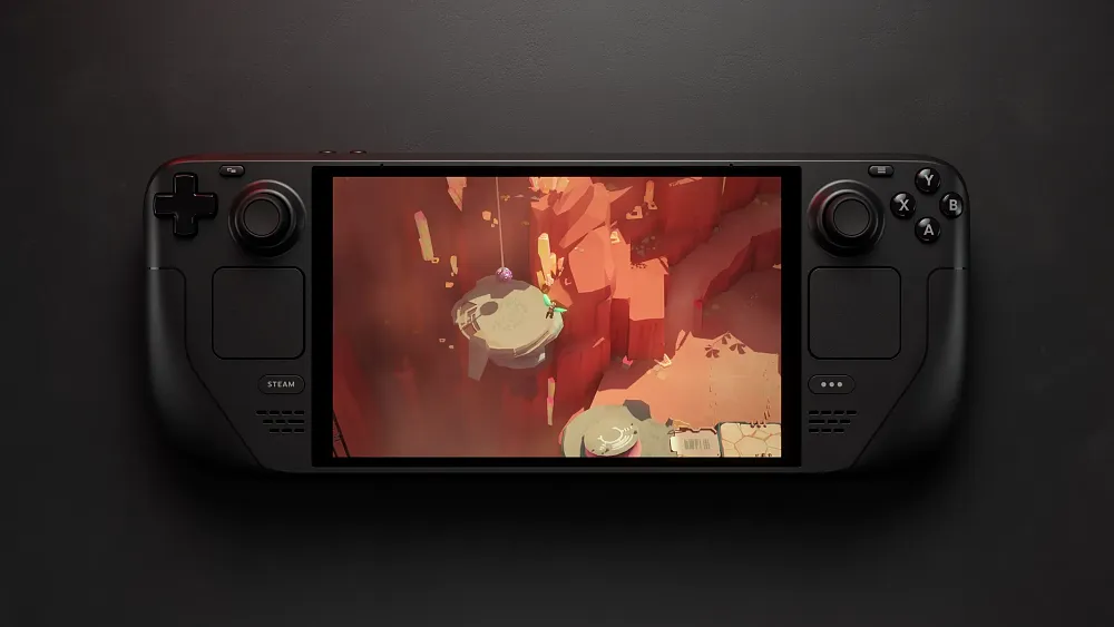 A photo of the front of the Steam Deck OLED, showing the new screen and controller like buttons and grips.