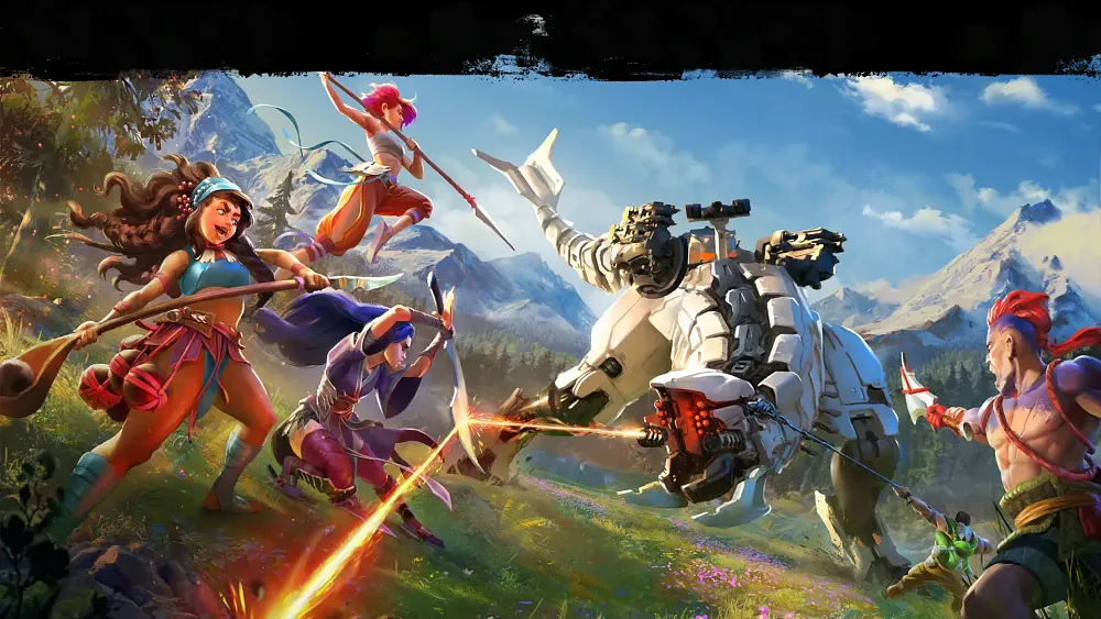 Art showing several cartoony characters attacking a big robotic dinosaur with primitive style weaponry.