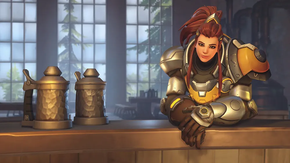 A woman with red hair wearing lots of metallic armor is leaning against a bar. Next to her on the bar are metallic cups.