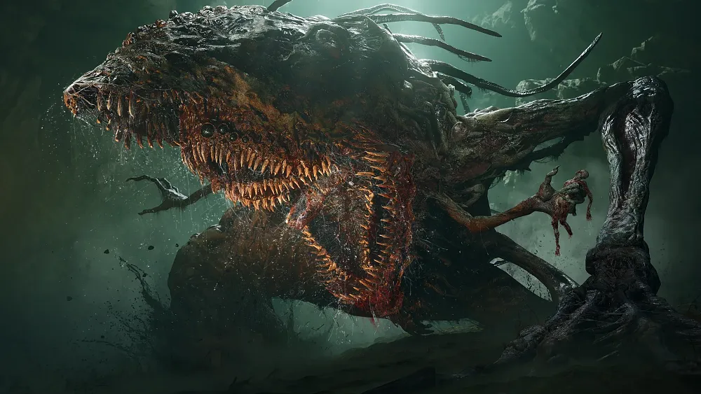 Screenshot showing a large creature with its massive mouth open wide. There are two rows of many, many sharp teeth inside its mouth. It is a grotesque creature with tendrils coming out the top of its head. It is crawling towards the camera on arms and legs.