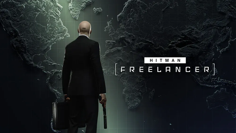 Back of a bald man in a suit holding a briefcase in one hand and a gun in the other. He is looking at a map of the world.
